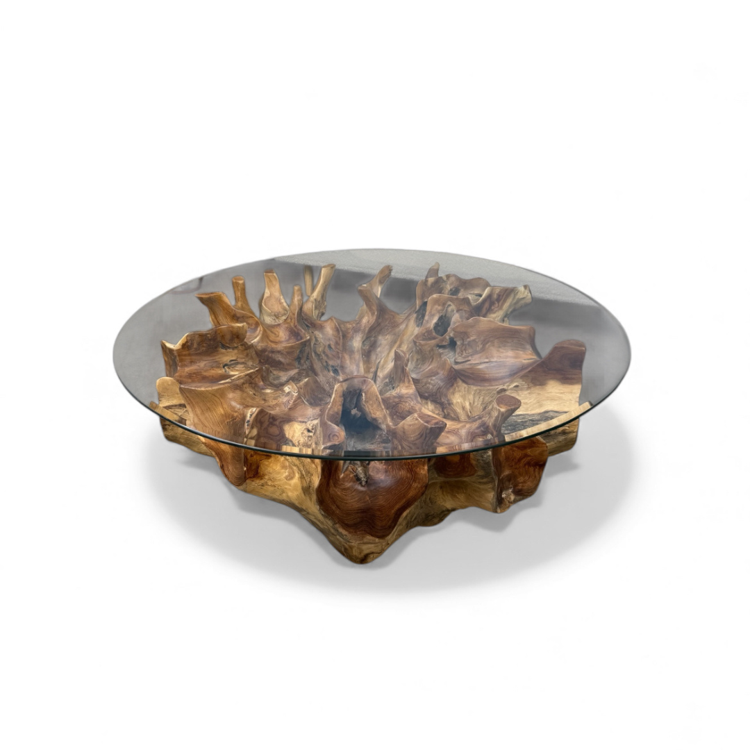 WO.35 – Round Teak Root Coffee Table with Glass Top