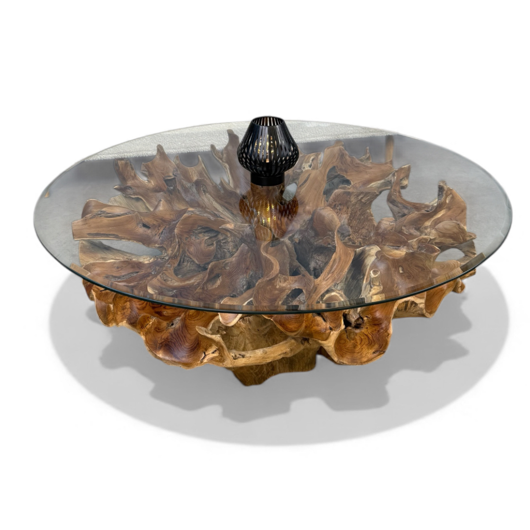 WO.34 – Teak Root Coffee Table with Glass Top