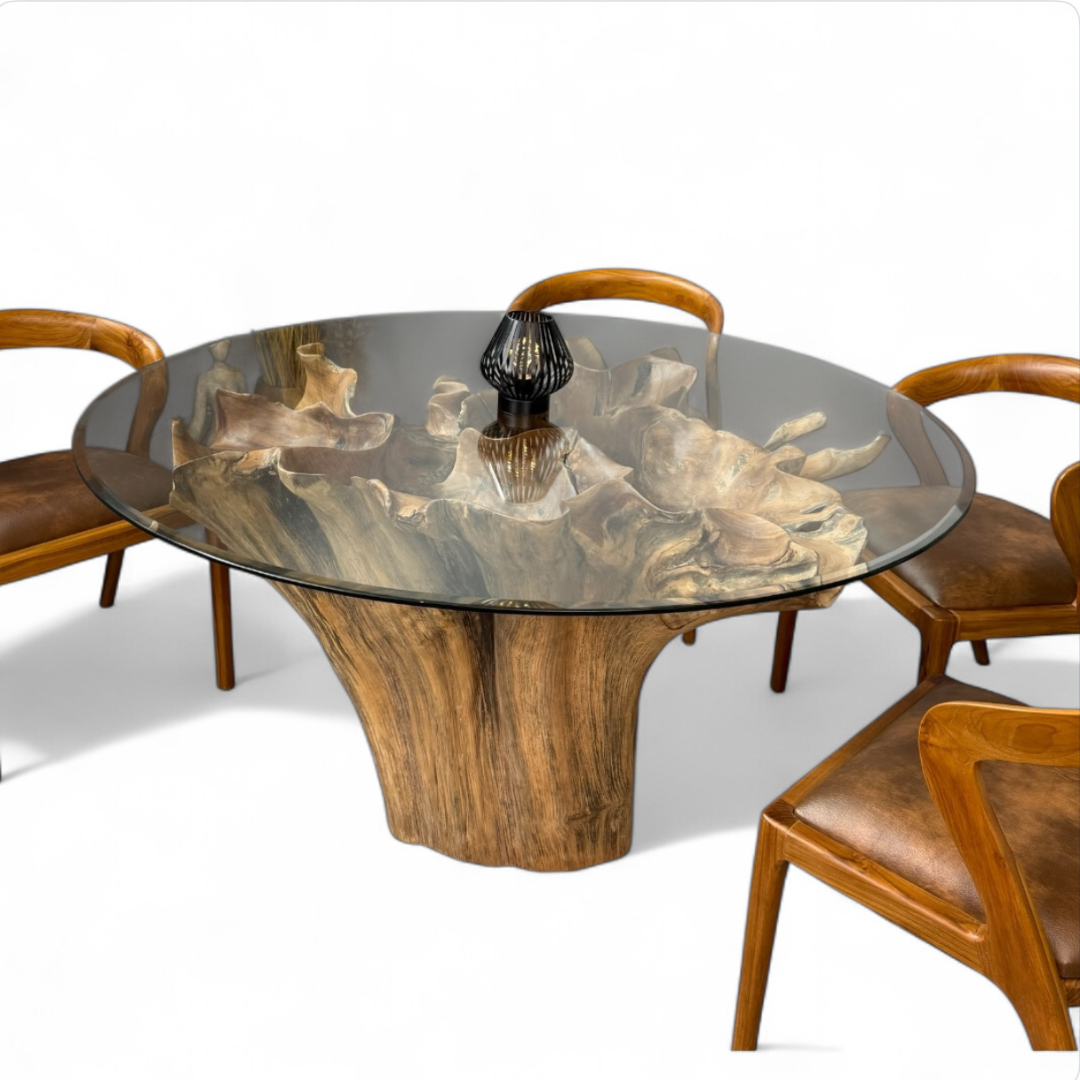 WO.42-2 Teak Root Dining Table with Glass Top