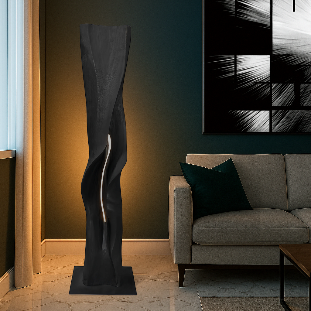 WO.61 Black Sculptural Floor Lamp in Suar Wood