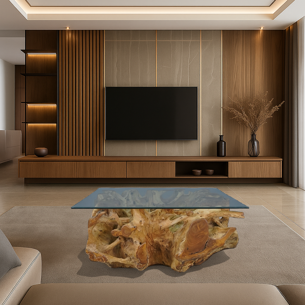 WO.53 Teak Root Coffee Table with Glass Top