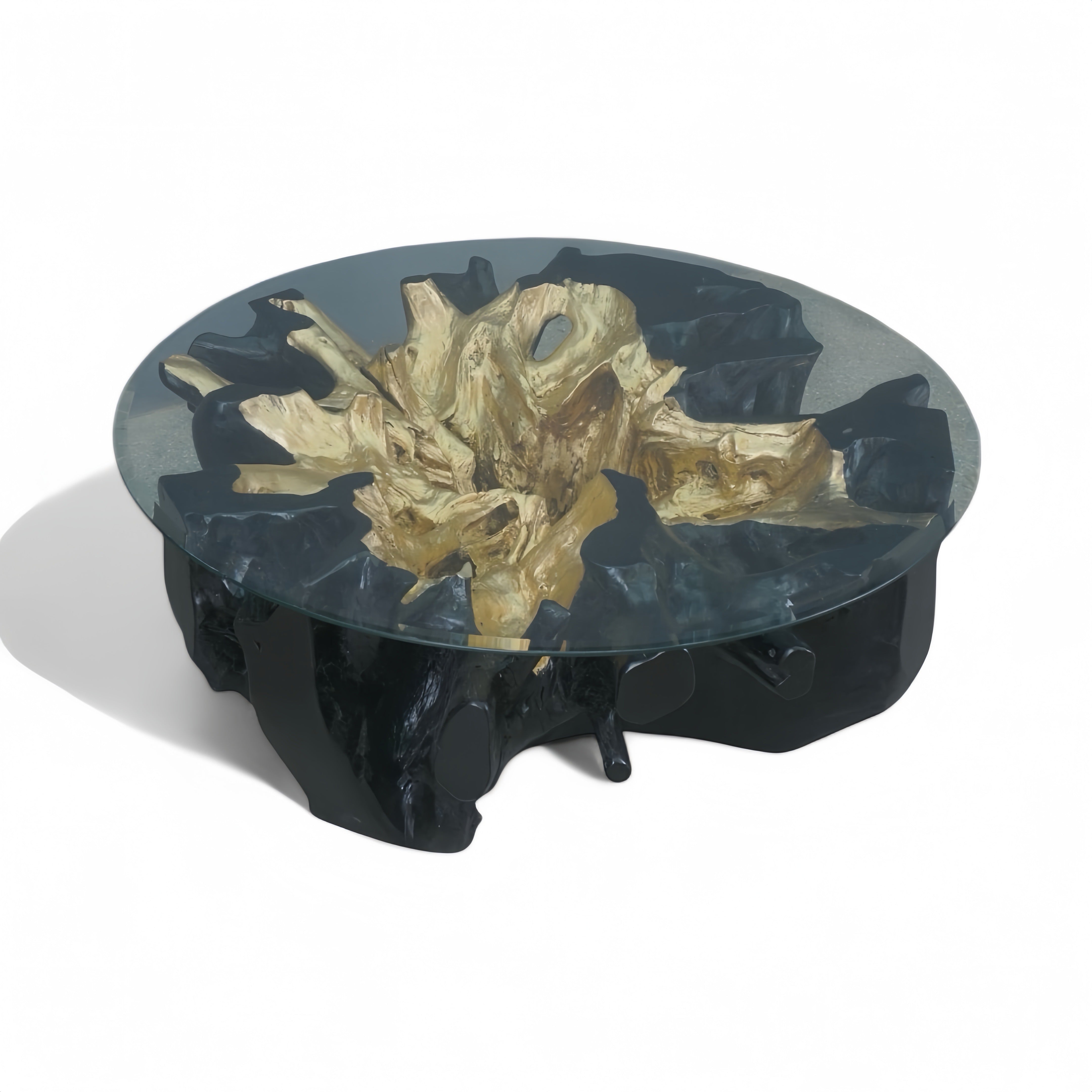 WO.2 Black & Gold Teak Root Coffee Table with Glass Top