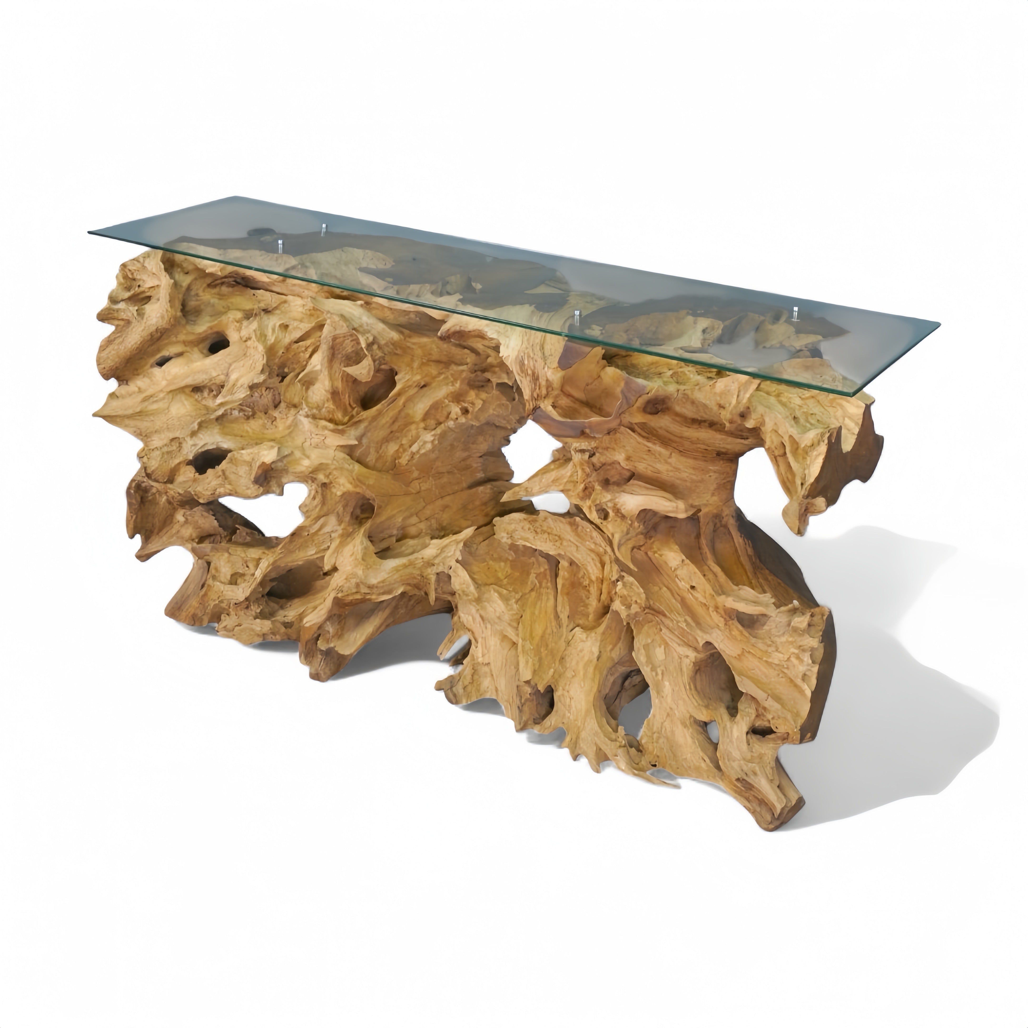 WO.9-2 Teak Root Console  with Glass Top