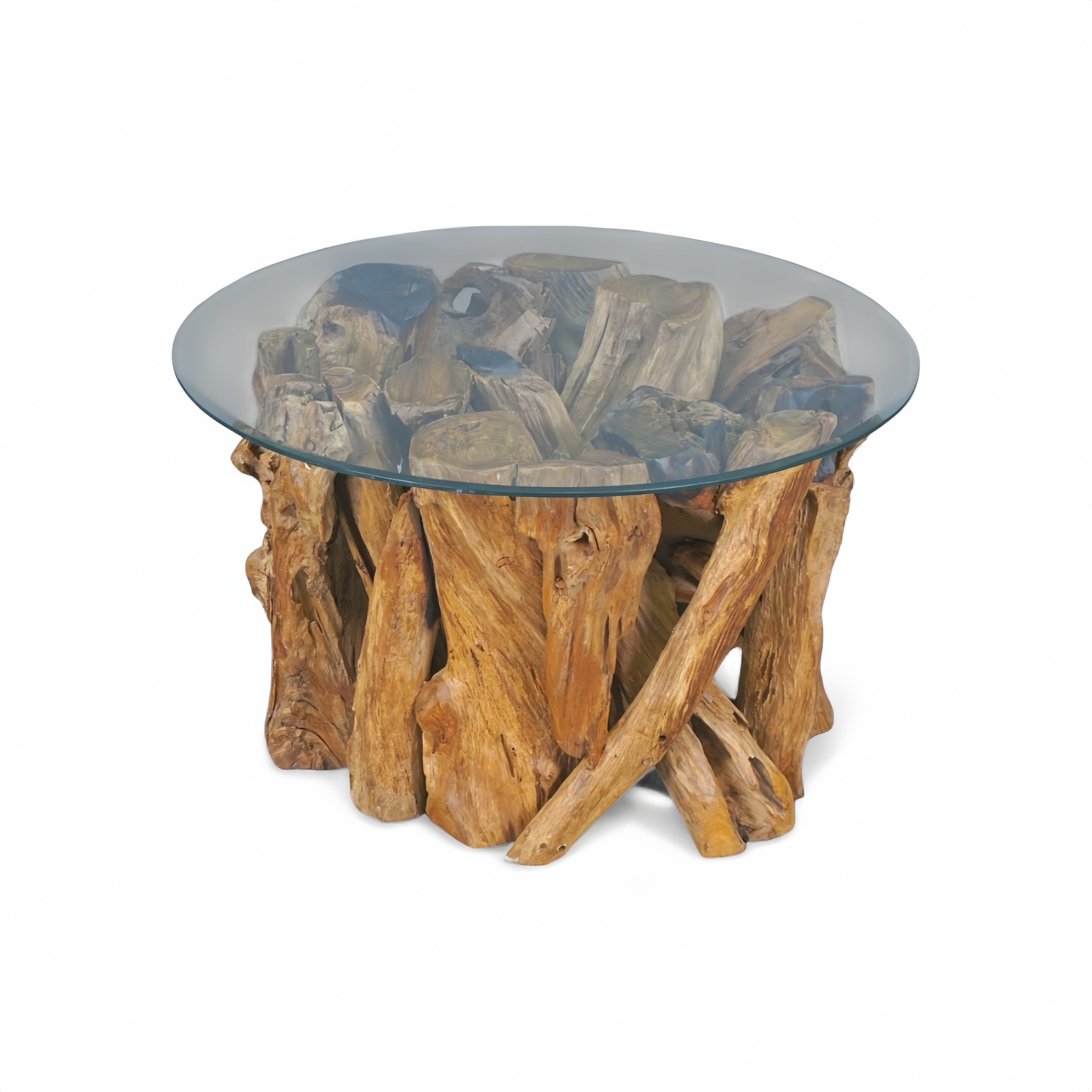 WO.14 Teak Root Round Coffee Table with Glass Top