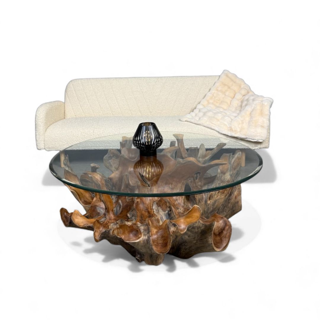 WO.35-3 Teak Root Coffee Table with Glass Top